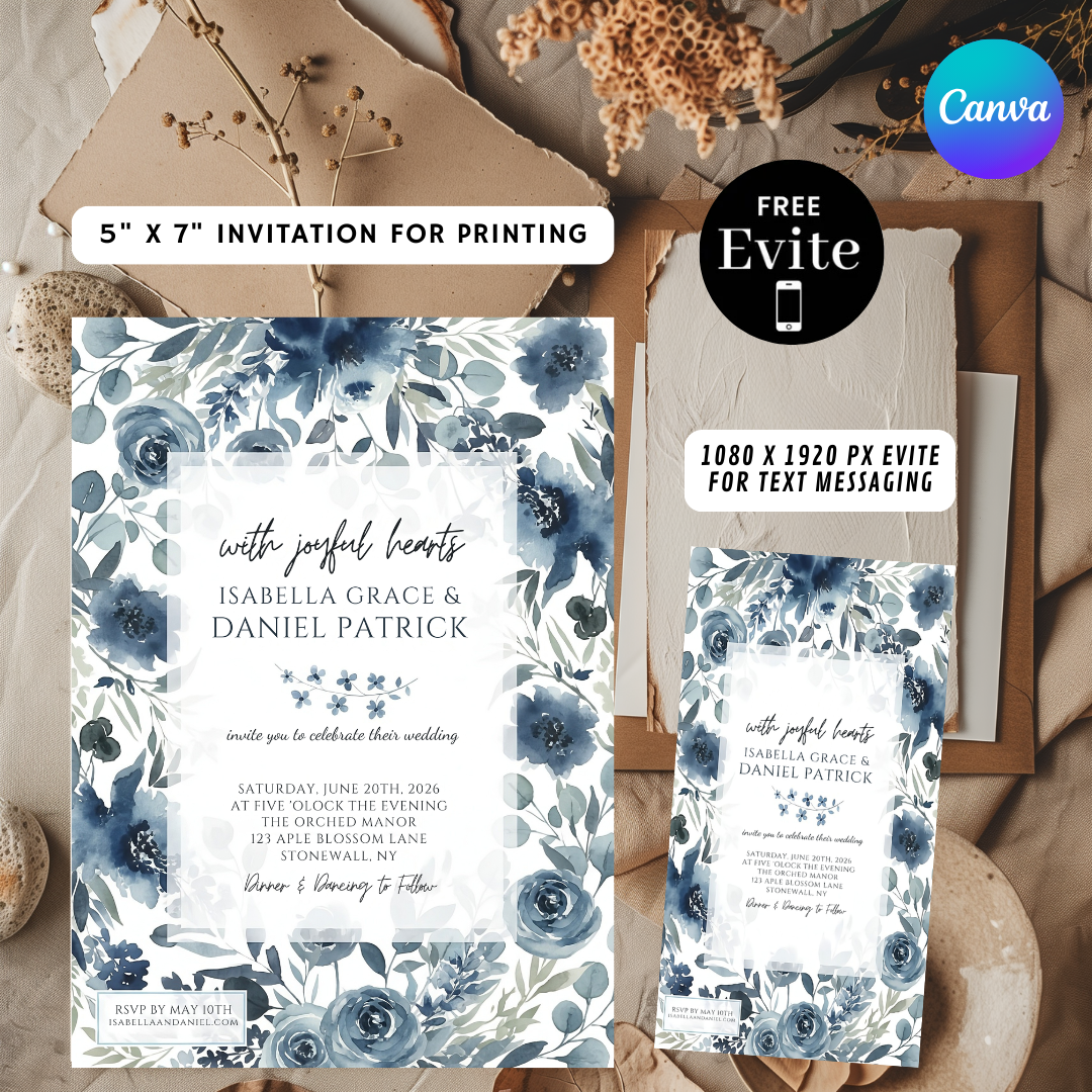 Dusty Blue Wedding Invitation Template | Editable Floral Invite | Navy Watercolor Flowers | Printable Canva Invite | Instant Download | Isabella