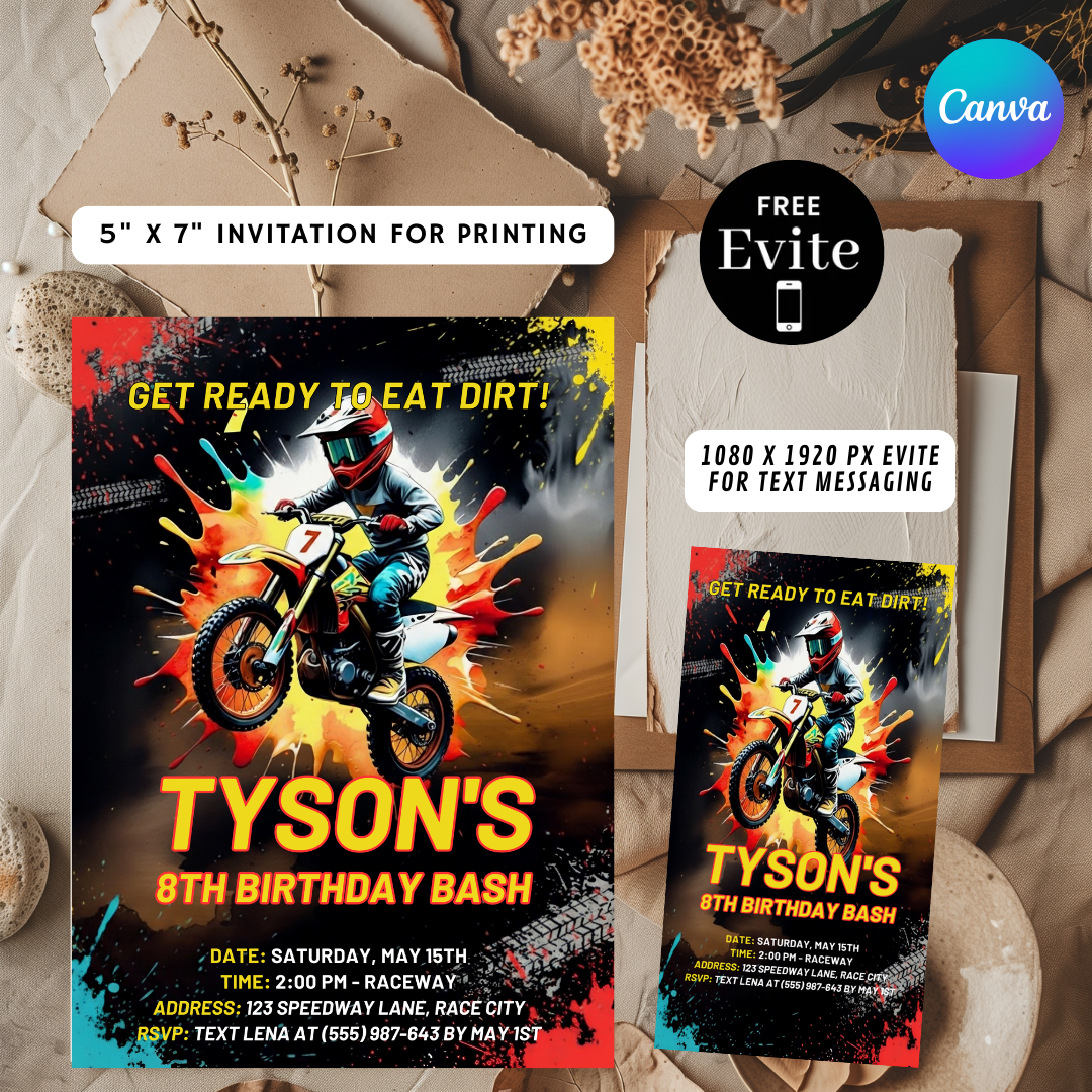Boy's Motocross Birthday Invitation | Editable Dirt Bike Party Template | Racing Invite for Kids | Printable | Instant Download | Eat Dirt