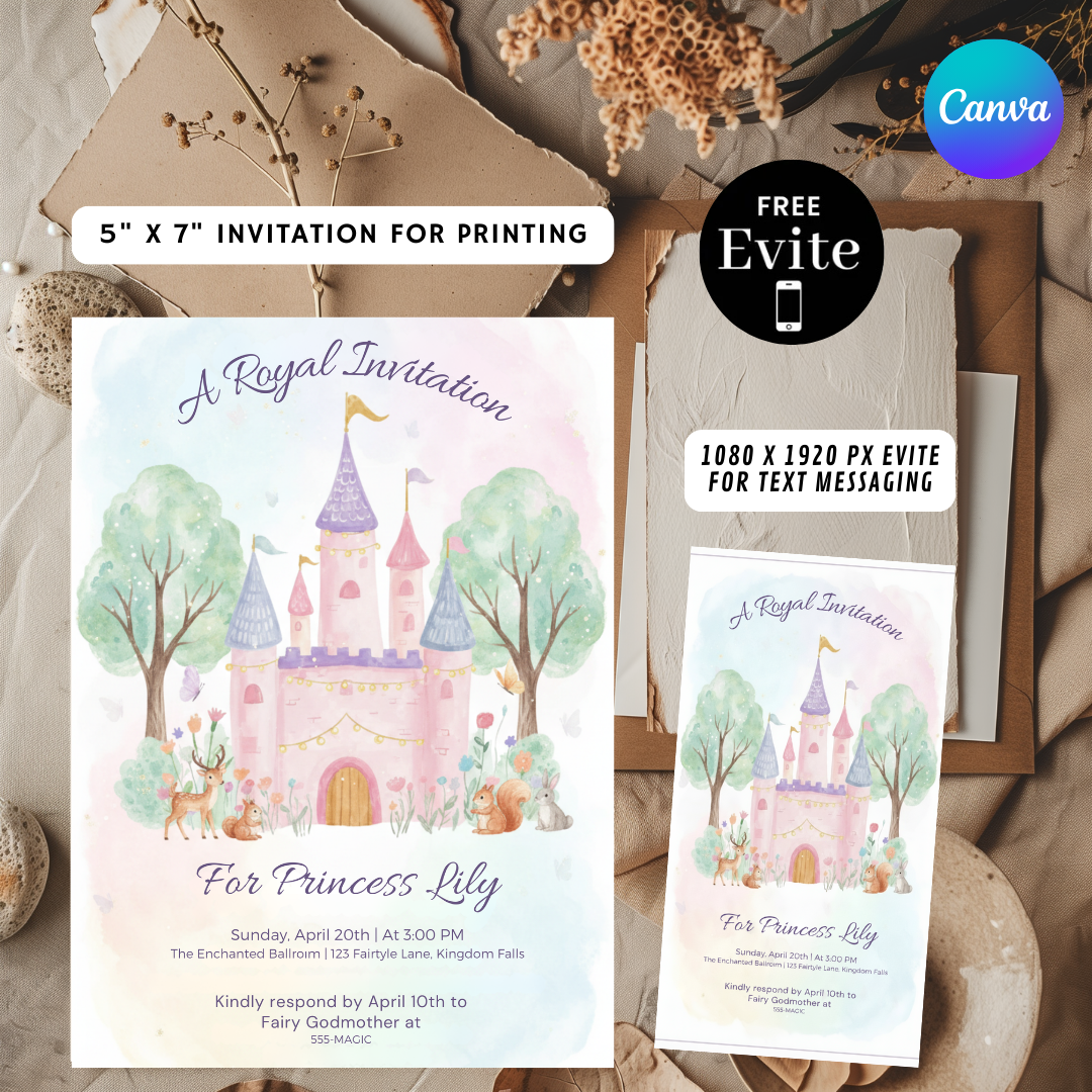 Princess Birthday Invitation Template | Editable Royal Castle Invite for Girl | Fairytale Woodland Party | Printable Digital | Instant Download