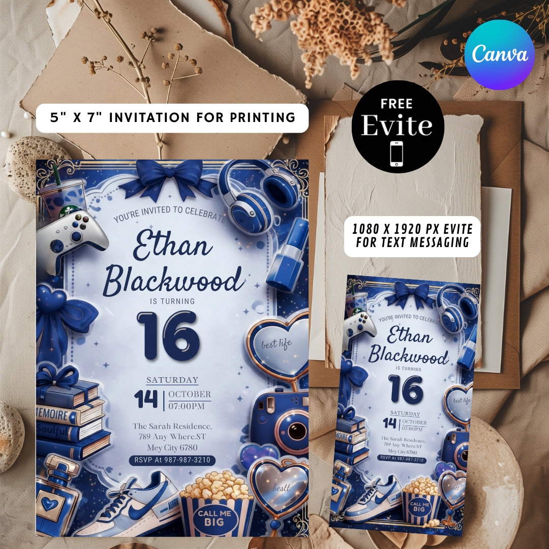 Boy's 16th Birthday Invitation | Editable Blue Aesthetic Teen Invite | Favorite Things Party Template | Digital Evite | Instant Download