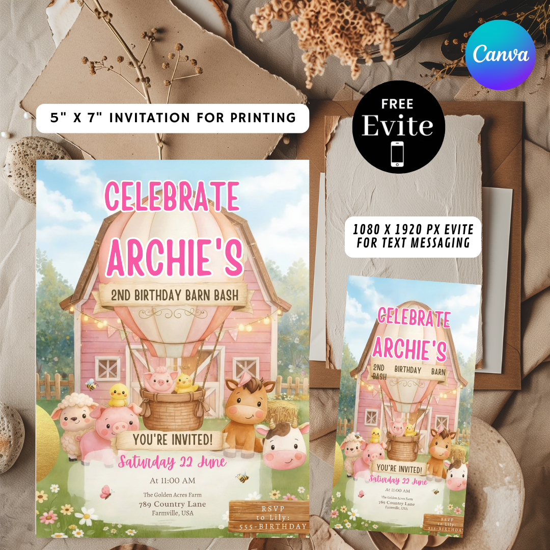 Farm Animal Birthday Invitation Girl | Editable Pink Barnyard Bash Template | Cute Farm Animals Party Invite | Second Birthday | Instant Download