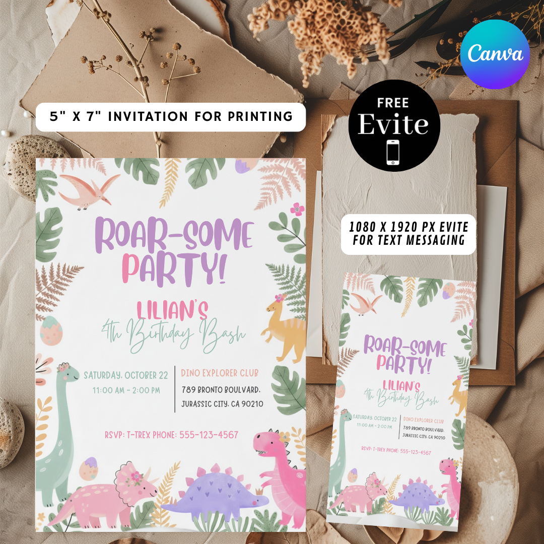Girl Dinosaur Birthday Invitation Template | Editable Roar Some Party Invite | Pink Pastel Dino Birthday | Printable Digital Evite | Instant Download