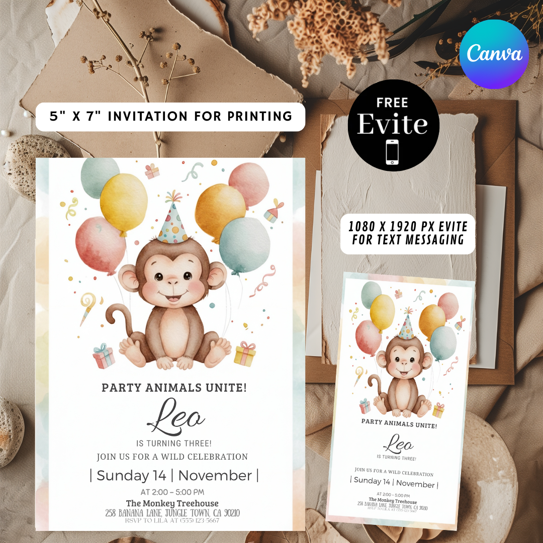 Monkey Birthday Invitation Boy or Girl | Editable Jungle Party Invite | Wild Third Birthday Template | Printable Safari Animal Evite | Instant Download