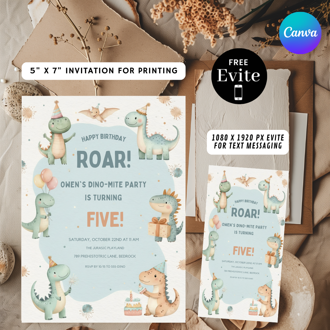 Dinosaur Birthday Invitation Editable Template | Dino-Mite Boy or Girl Party Invite | Roar First Birthday Printable | Instant Digital Download