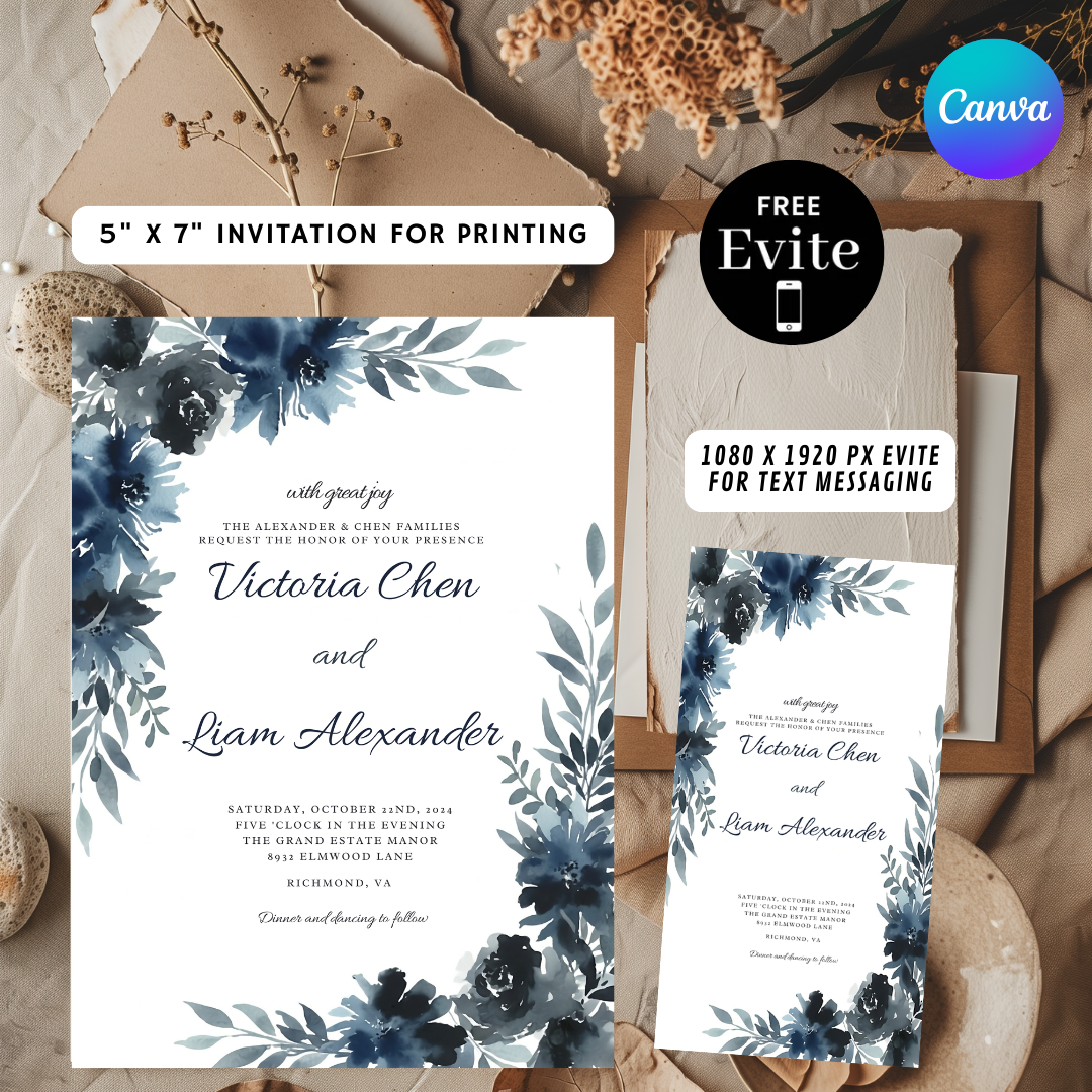 Navy Blue Floral Wedding Invitation Template | Editable Watercolor Invite | Elegant Modern Wedding Stationery | Printable Digital Download | Victoria