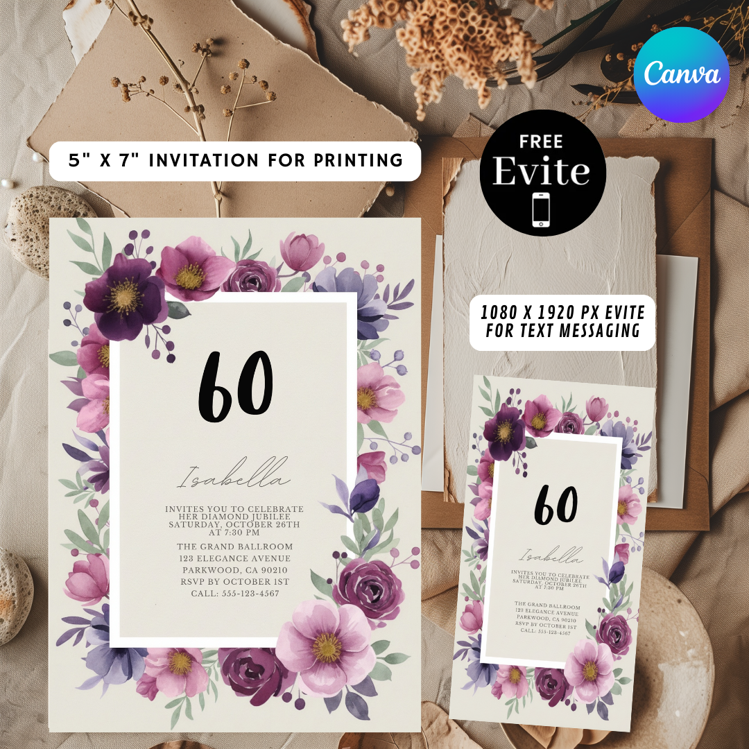 60th Birthday Invitation for Her | Editable Floral Template | Purple & Pink Watercolor | Diamond Jubilee Party Invite | Printable Digital Evite