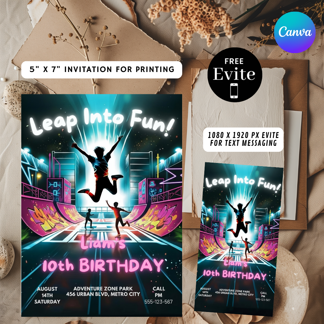 Boy's Birthday Invitation | Trampoline Park Party Invite | Editable Neon Glow Template | Leap Into Fun | Printable Digital | Instant Download