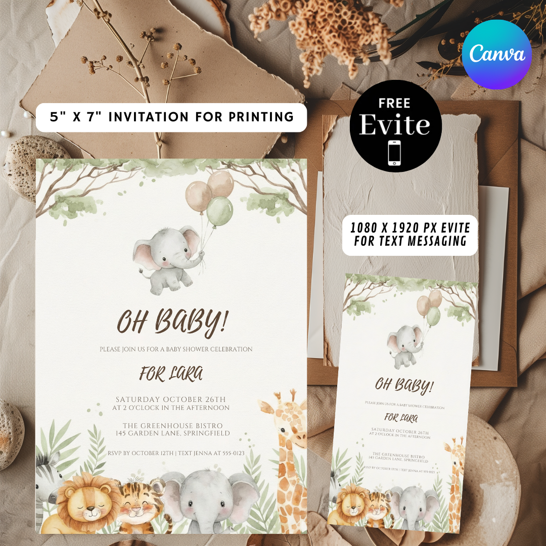 Editable Jungle Safari Invitation Template | Watercolor Animal Party Invite | Printable Instant Download
