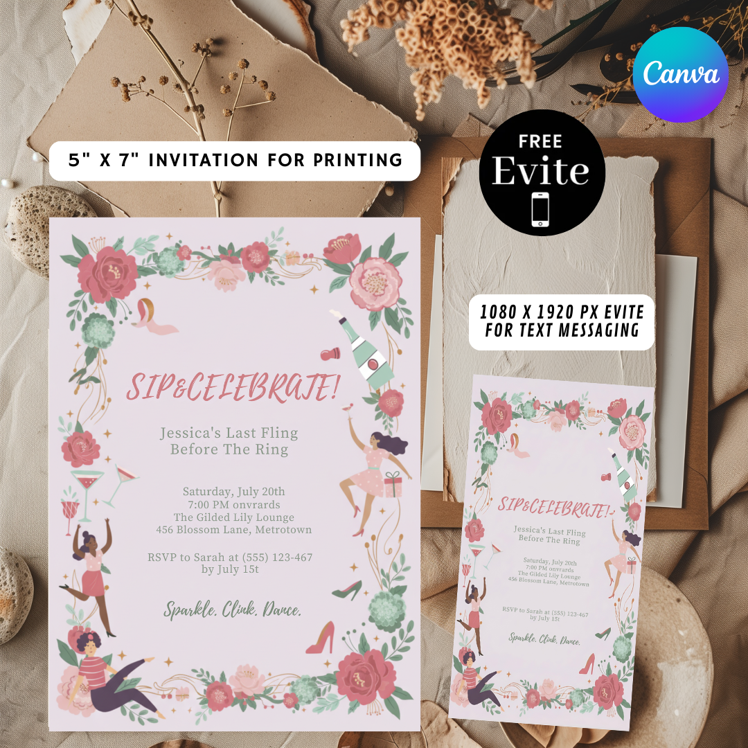 Editable Bachelorette Party Invitation | Sip and Celebrate Template | Last Fling Before the Ring | Floral Bridal Shower Invite for Her | Canva