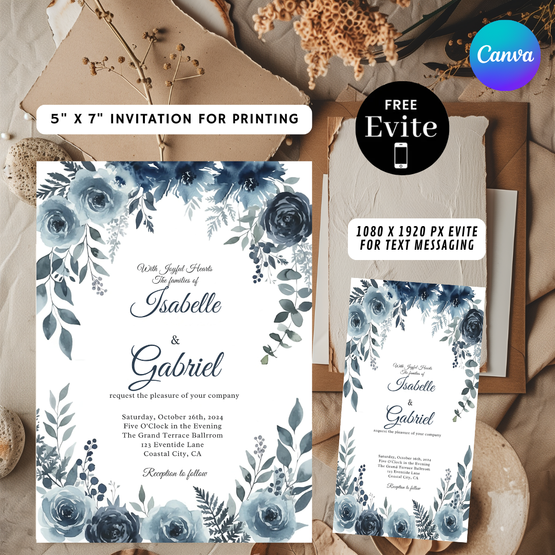 Dusty Blue Wedding Invitation Template | Editable Navy Floral Invite | Watercolor Flowers | Elegant Printable Wedding Suite | Instant Download
