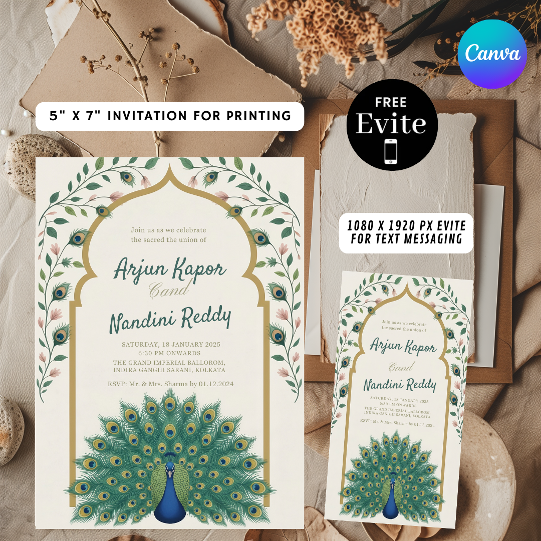 Indian Wedding Invitation Template | Editable Peacock Invite | Royal Desi Wedding Card | Printable Hindu Wedding Stationery | Digital Download