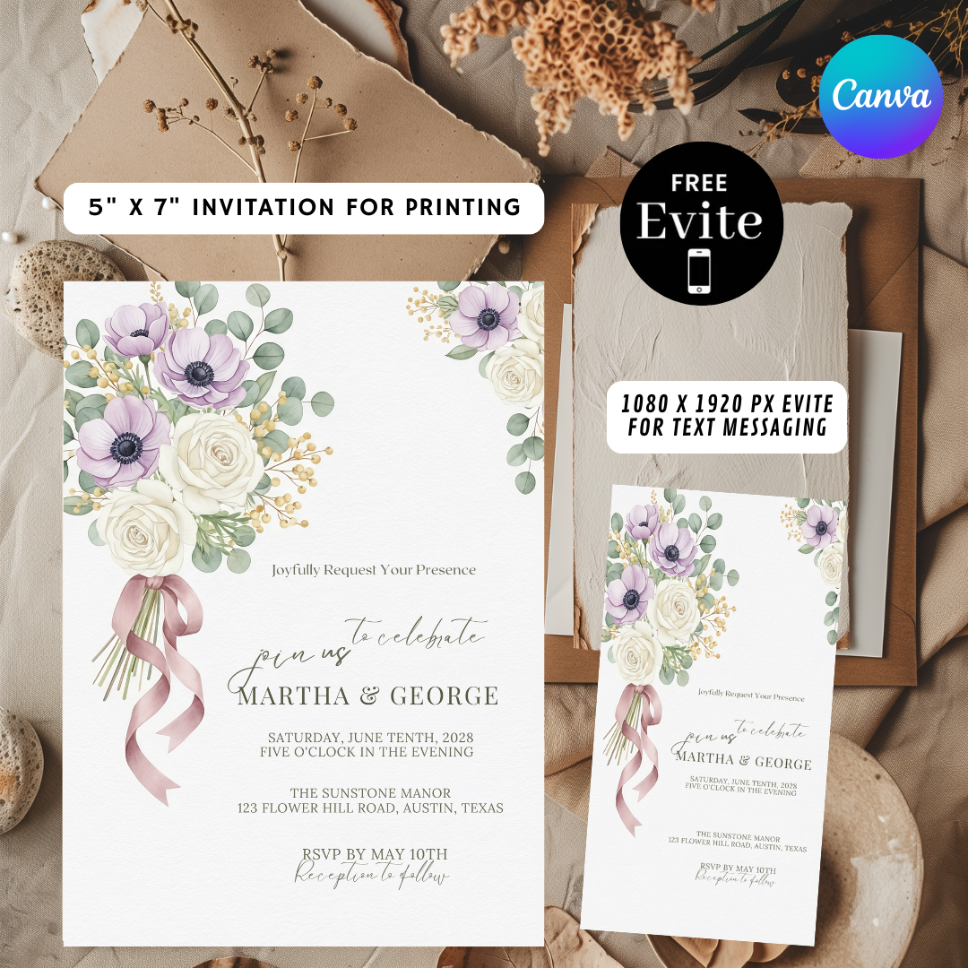Floral Wedding Invitation Template | Editable Lavender Anemone & Rose Invite | Printable Garden Wedding Stationery | Instant Download | Canva
