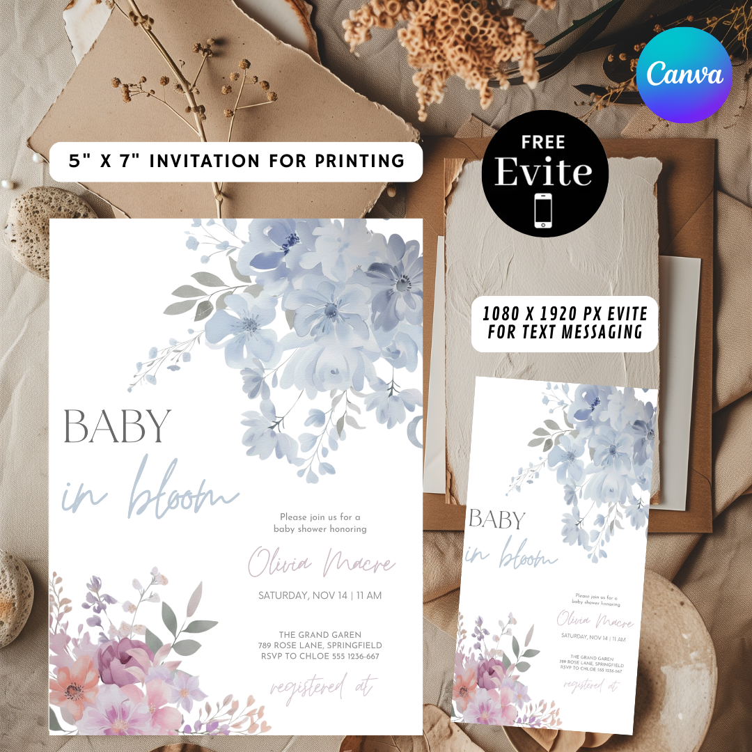 Baby in Bloom Baby Shower Invitation | Editable Celestial Floral Invite Template | Butterfly Boy or Girl Shower | Printable Digital Download