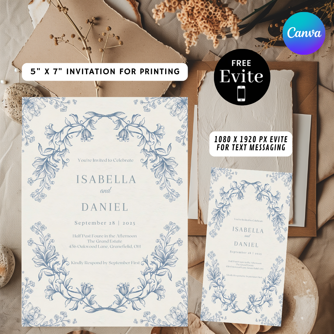 Vintage Floral Wedding Invitation Template | Dusty Blue Botanical Invite | Editable Classic Wedding Stationery | Printable & Digital | Canva