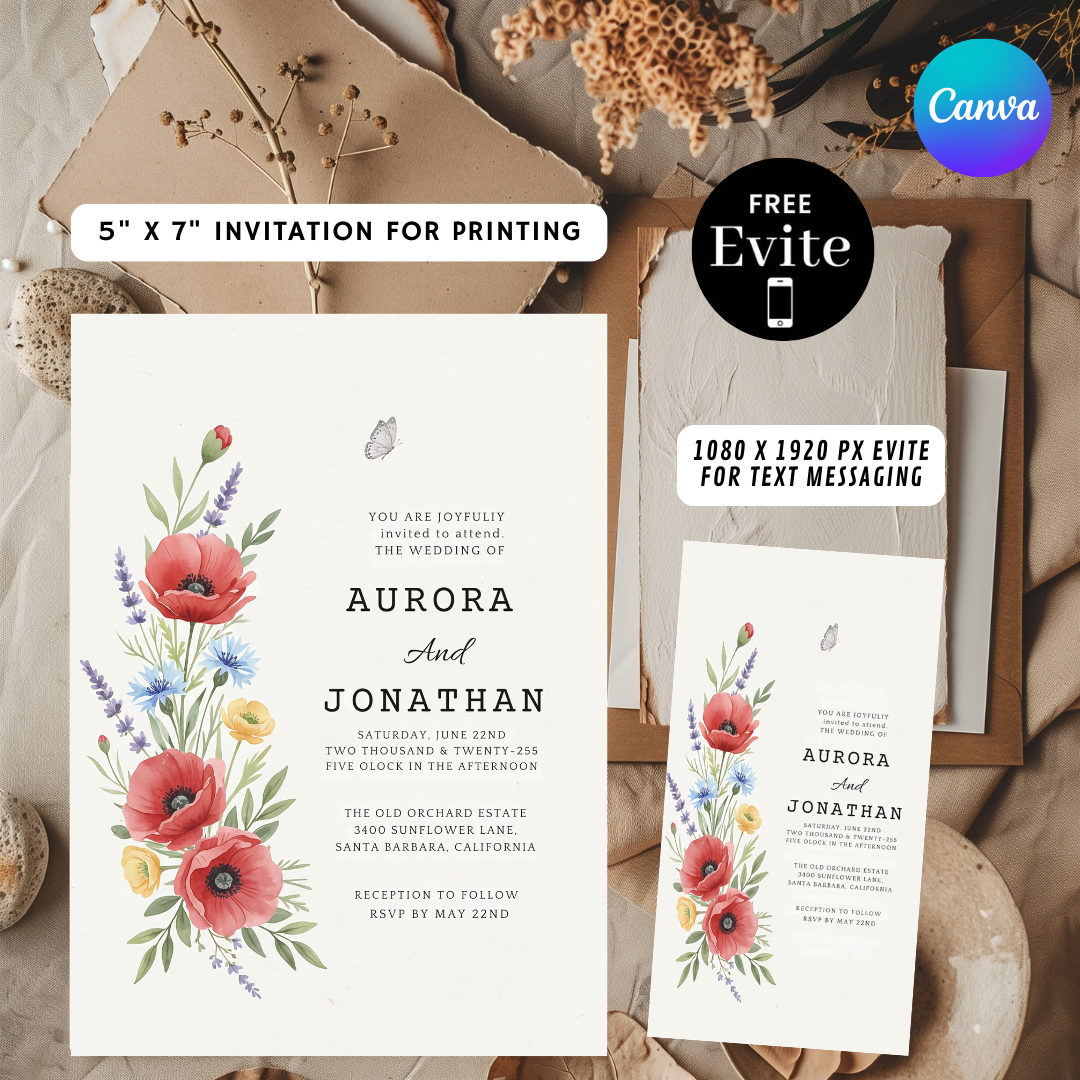 Wildflower Wedding Invitation Template | Editable Poppy Floral Invite | Rustic Garden Wedding | Printable Digital Evite | Instant Download