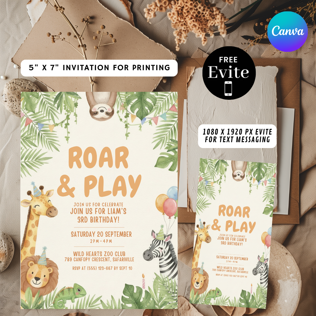 Jungle Birthday Invitation for Boy or Girl | Editable Safari Animal Party Invite | Roar & Play 3rd Birthday | Printable Instant Download