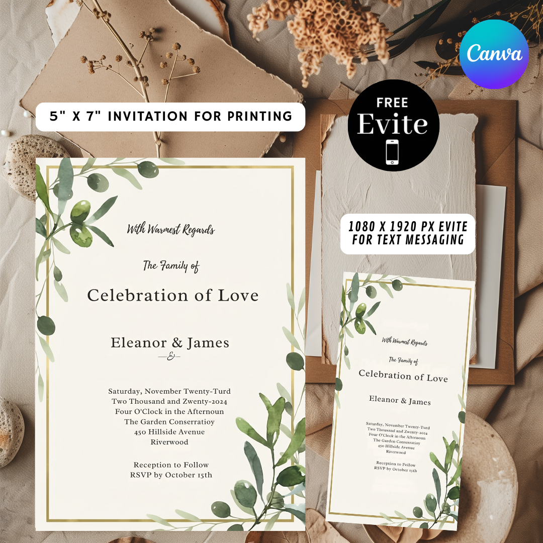 Olive Branch Wedding Invitation Template | Greenery Wedding Invite | Editable Canva Template | Minimalist Botanical | Instant Download Printable