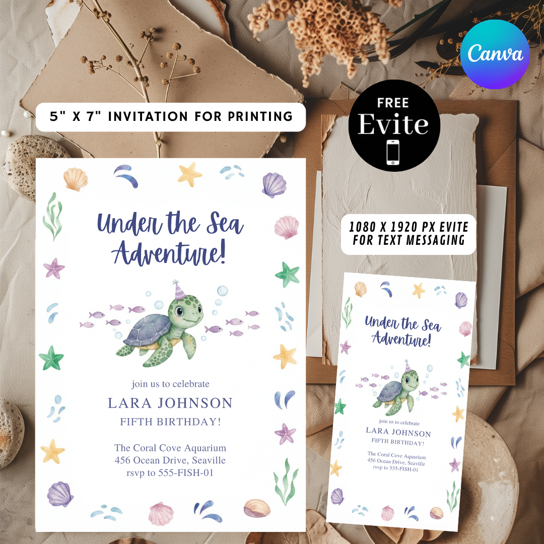 Under the Sea Birthday Invitation | Turtle Party Invite for boys and girls | Editable Ocean Adventure Template | Printable | Instant Download