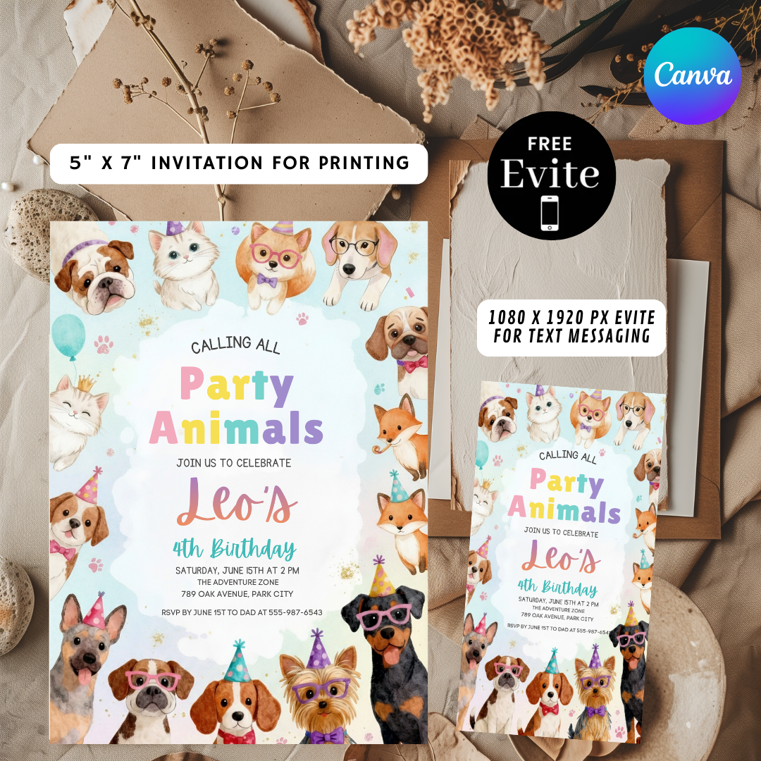 Party Animals Birthday Invitation | Editable Pet Party Invite for Boy or Girl | Puppy Kitten Theme | Printable Digital Template | Instant Download