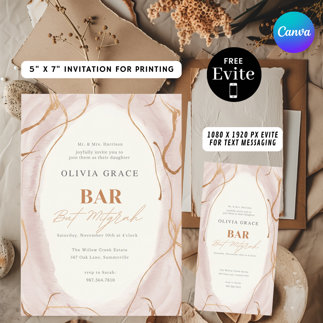 Bat Mitzvah Invitation Girl | Editable Template | Blush Pink and Rose Gold Invite | Modern Elegant Party | Printable Digital | Instant Download