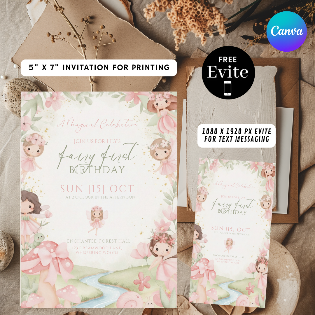 Fairy First Birthday Invitation Girl | Editable Enchanted Forest Invite | Magical 1st Birthday Party Template | Pink and Gold | Digital Evite