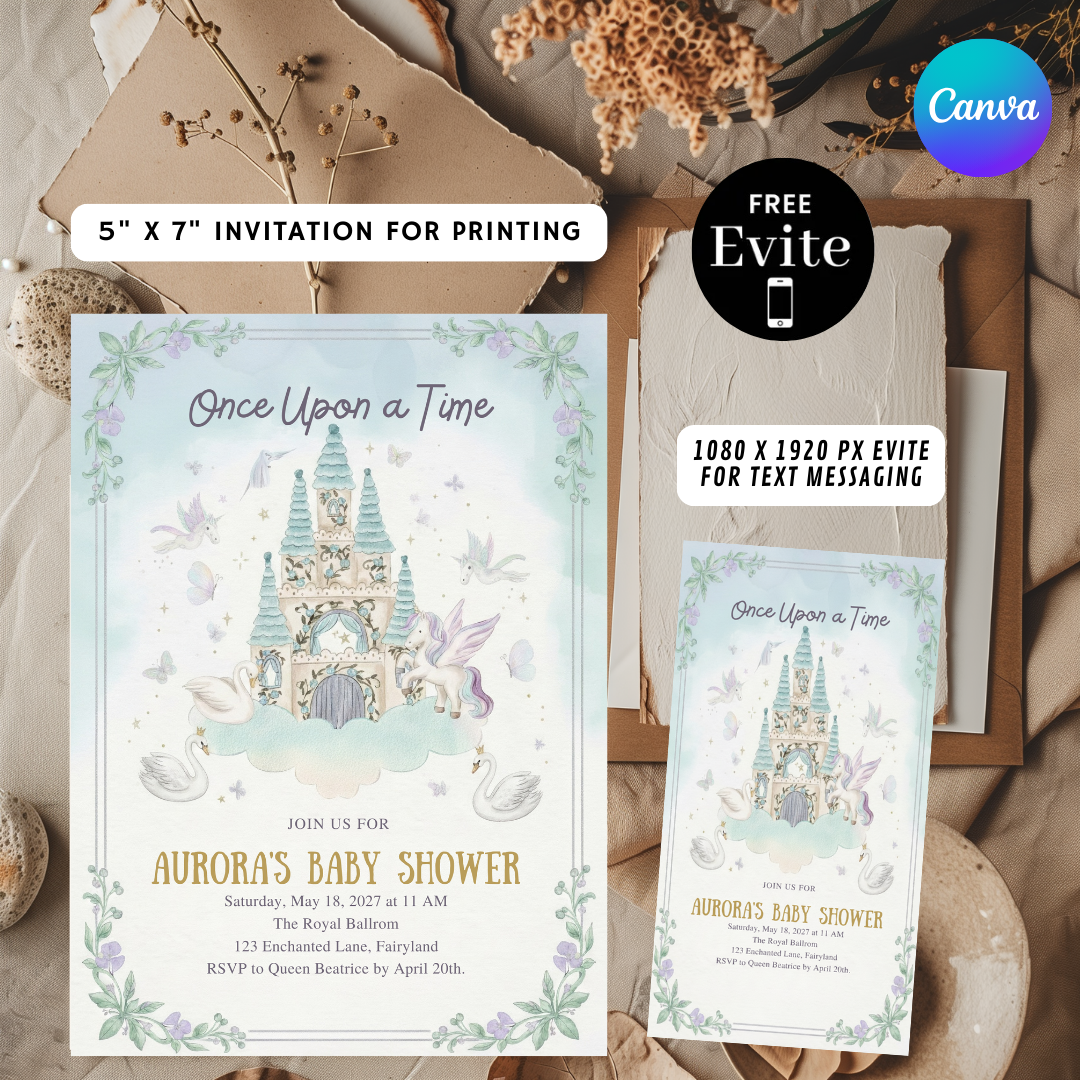 Fairytale Castle Invitation Template | Editable Once Upon a Time Invite | Enchanted Storybook Theme | Unicorn & Swan Design | Instant Download