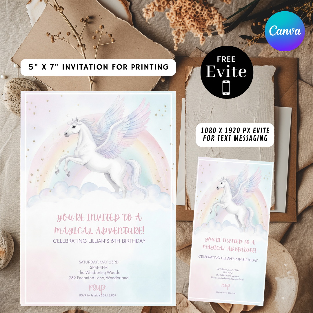 Pegasus Birthday Invitation Template | Magical Rainbow Party Invite for Girl | Editable Canva Evite | Printable 6th Birthday | Instant Download