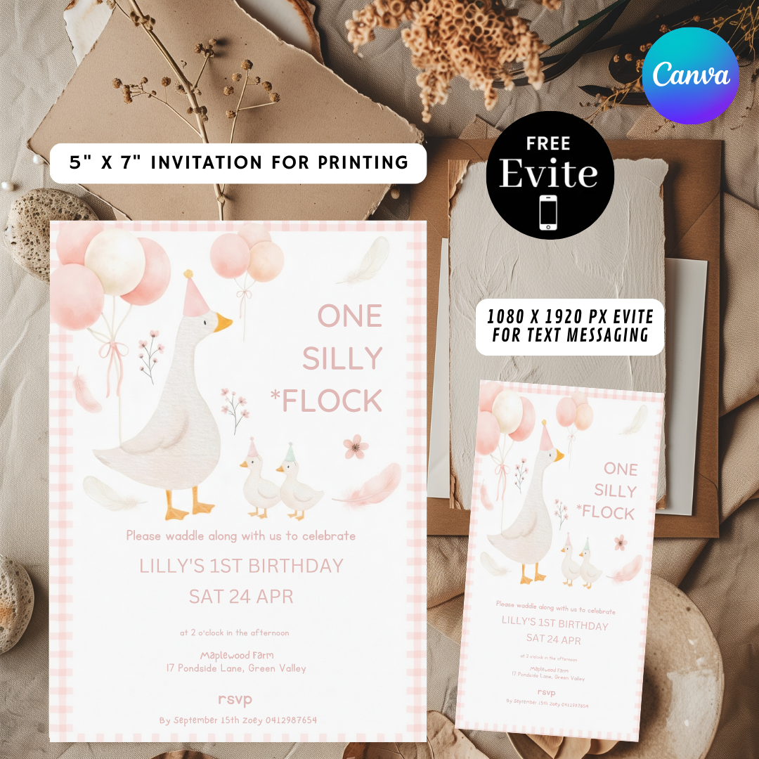 Girl's 1st Birthday Invitation | One Silly Flock Goose Party Invite | Editable Pink Farm Animal Template | Printable Digital Download