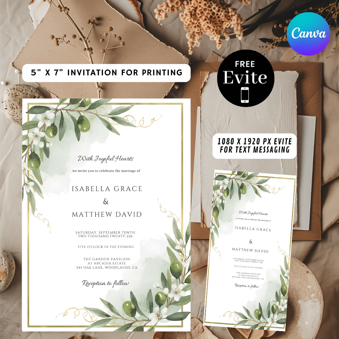 Olive Branch Wedding Invitation Template | Editable Greenery Invite | Gold Frame Rustic Wedding Stationery | Printable Instant Download