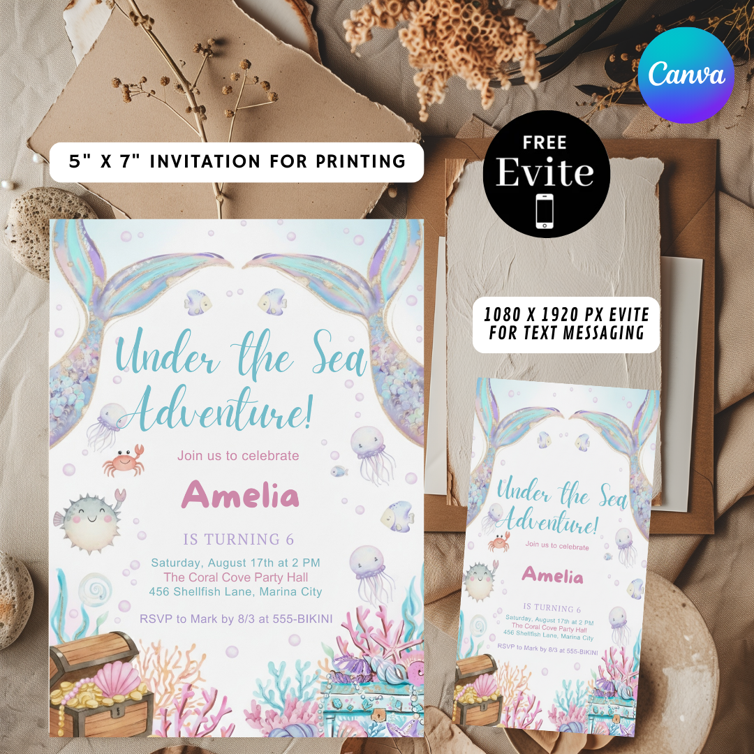 Mermaid Birthday Invitation Girl | Under the Sea Party Invite | Editable Ocean Adventure Template | Pastel Watercolor Evite | Instant Download