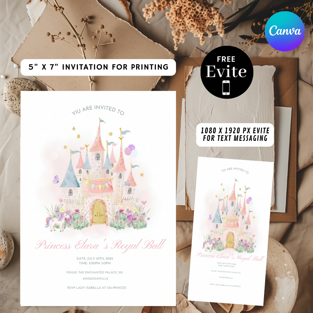Princess Birthday Invitation Girl | Editable Royal Ball Invite Template | Fairytale Castle Unicorn Party | Printable Digital Evite | Instant Download