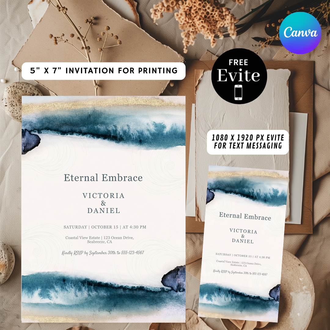 Ocean Wedding Invitation Template | Editable Blue Gold Watercolor Invite | Modern Coastal Beach Wedding | Printable Canva Evite | Instant Download