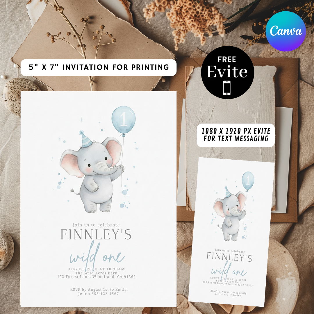 Boy's First Birthday Invitation | Editable Elephant Wild One Invite Template | Blue Watercolor Animal Party | Digital Evite | Instant Download