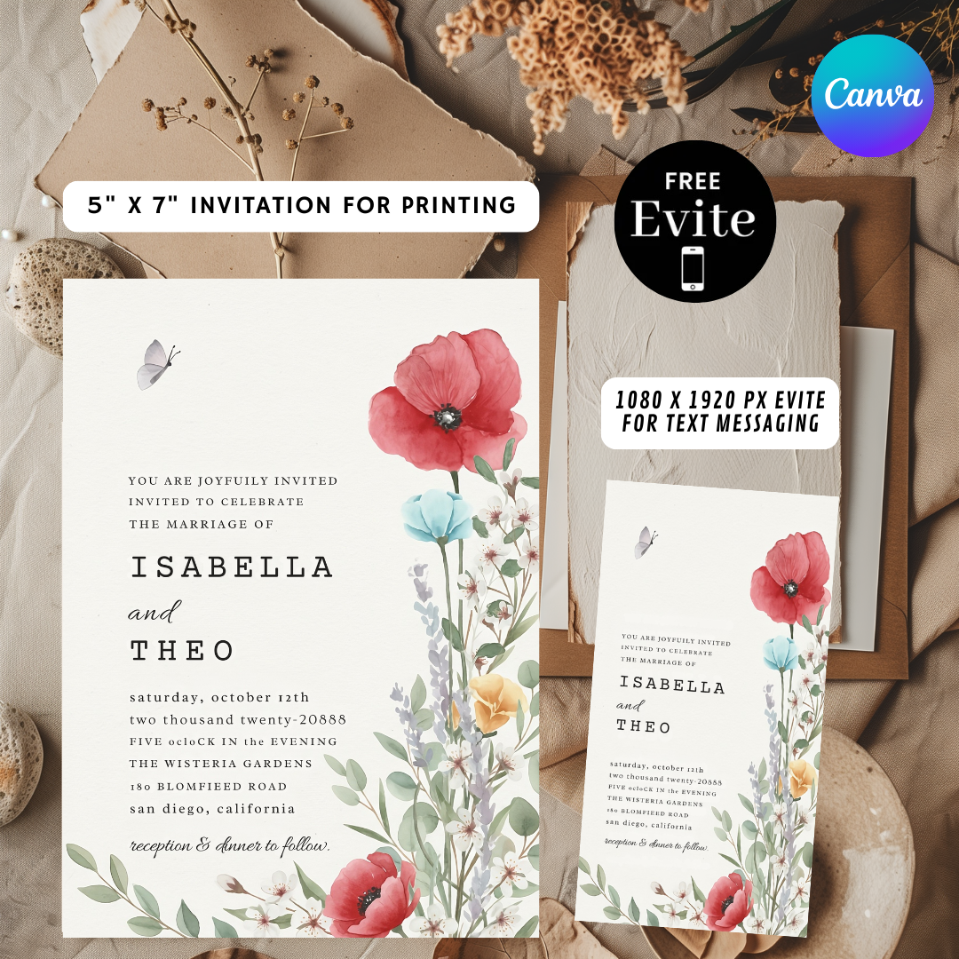 Wildflower Wedding Invitation Template | Editable Poppy Floral Invite | Rustic Garden Wedding | Printable Digital Download | Canva Template