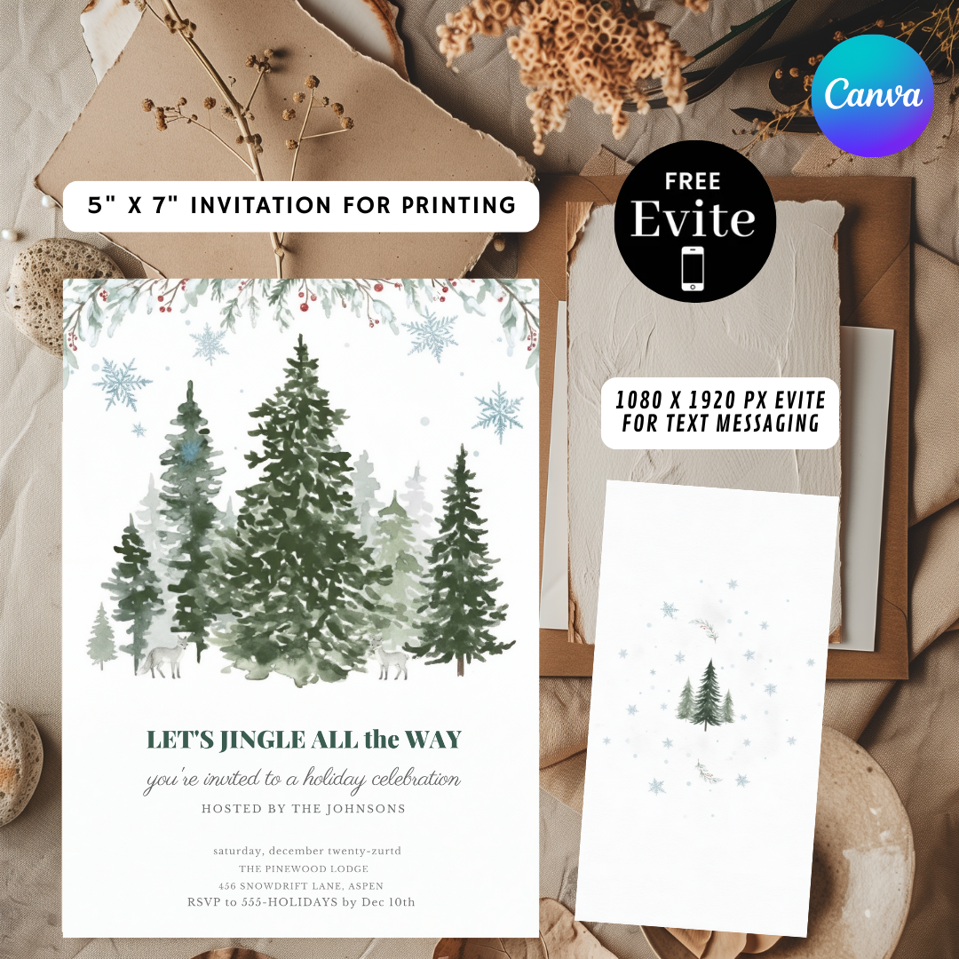 Holiday Party Invitation Editable | Winter Woodland Christmas Invite | Jingle All The Way Template | Rustic Pine Tree Evite | Instant Download