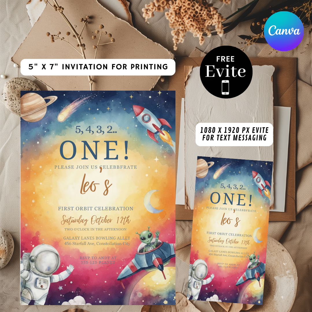Boy's First Orbit Birthday Invitation Template | Editable Outer Space Party Invite | Astronaut Galaxy 1st Birthday | Printable Digital Download