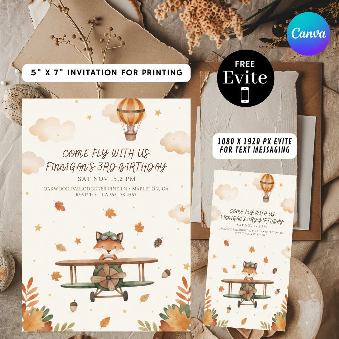Boy's 3rd Birthday Invitation | Editable Fox Airplane Party Invite | Come Fly With Us Template | Autumn Woodland Theme | Digital & Printable