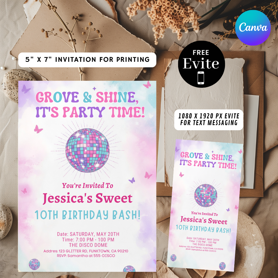 Groovy Disco Birthday Invitation Girl | Editable 10th Birthday Party Invite Template | 70s Theme Disco Ball & Butterfly Evite | Printable