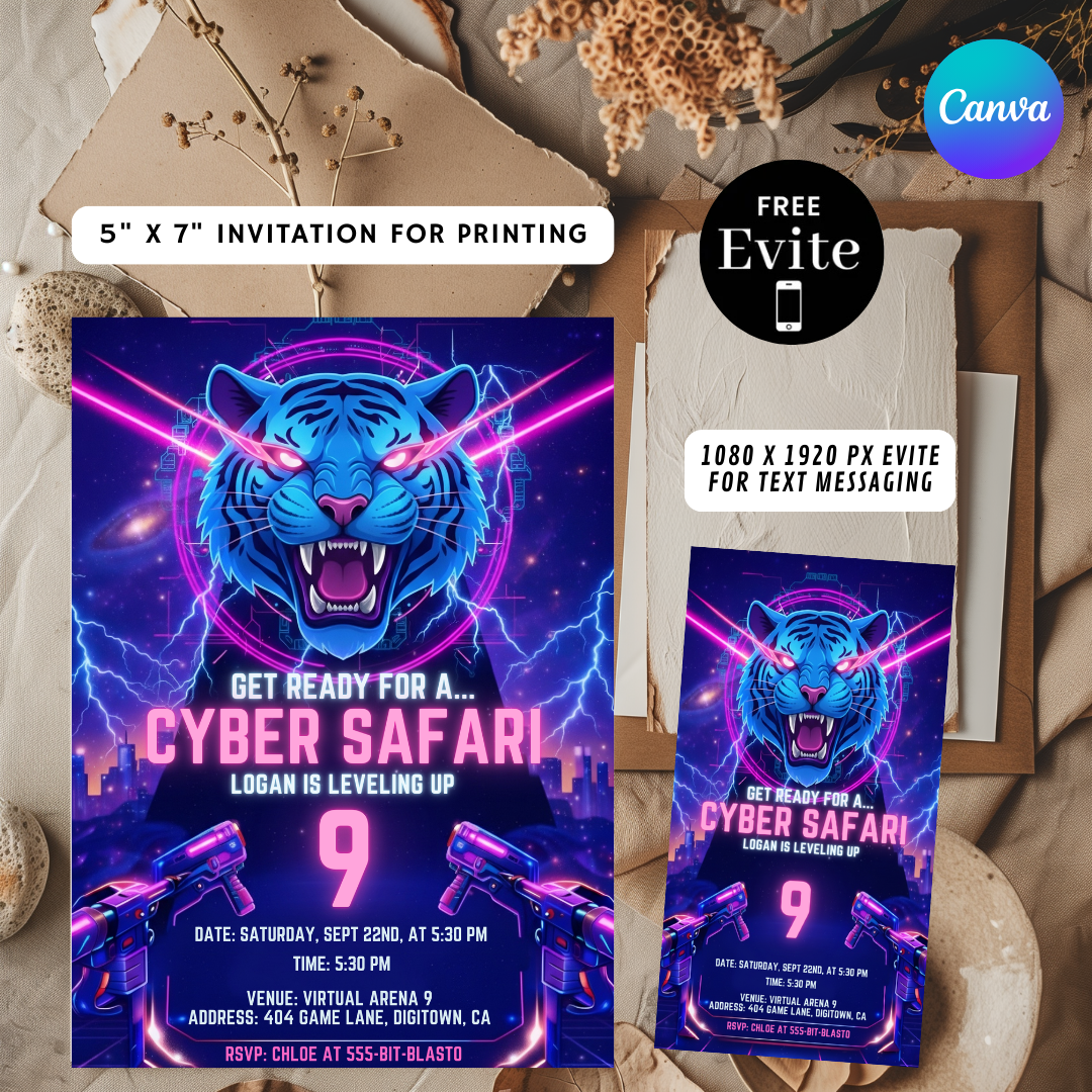 Boy's Birthday Invitation | Editable Cyber Safari Gamer Party Invite | Neon Tiger Video Game Template | Futuristic Level Up Invite | Printable
