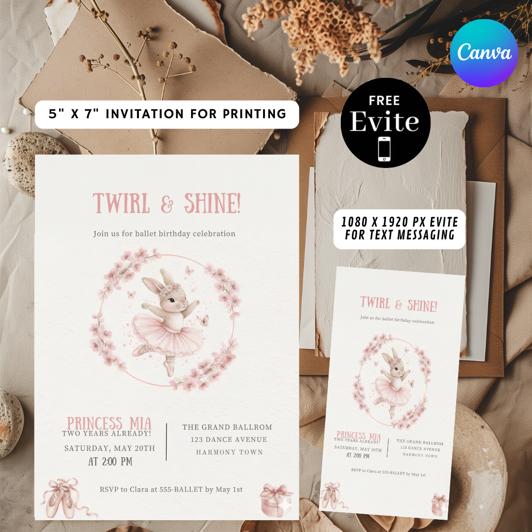 Bunny Ballerina Birthday Invitation | Girl's Third Birthday Invite Template | Editable Twirl & Shine Party | Printable Digital Instant Download