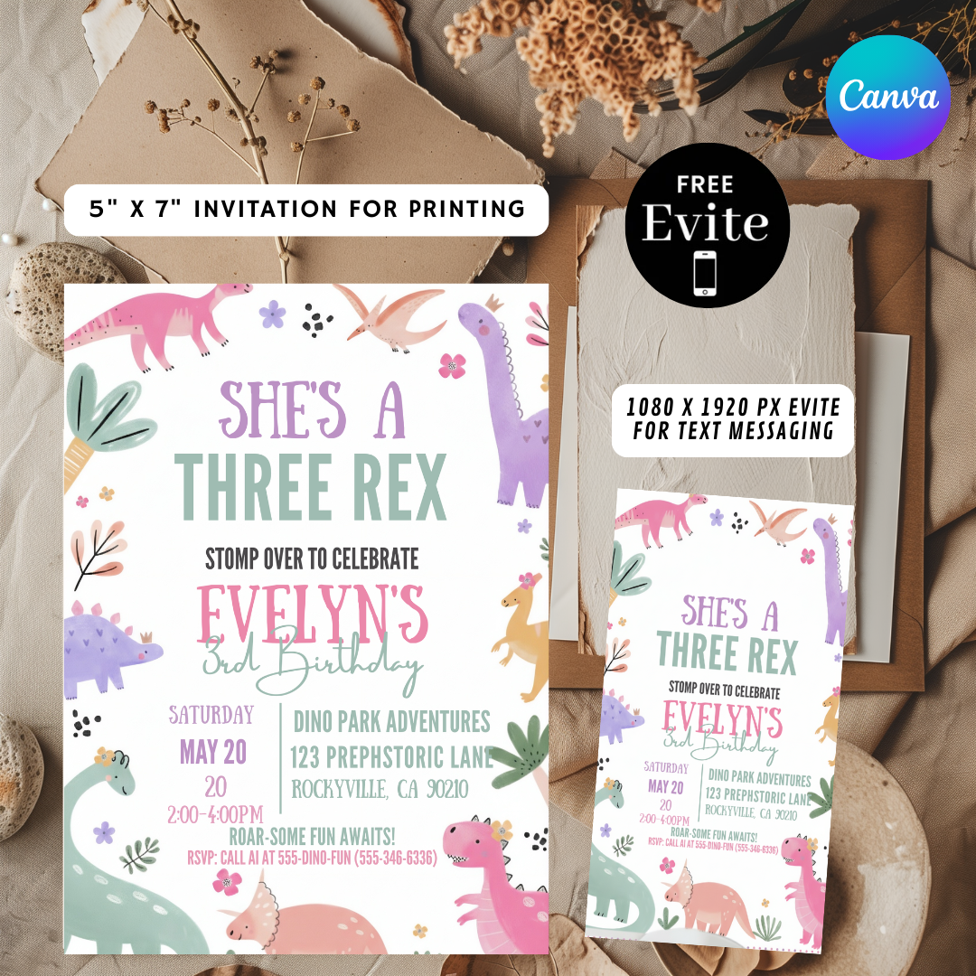Girl's Three Rex Birthday Invitation | Editable Dinosaur 3rd Birthday Party Invite | Printable Pastel Dino Template | Instant Download Evite