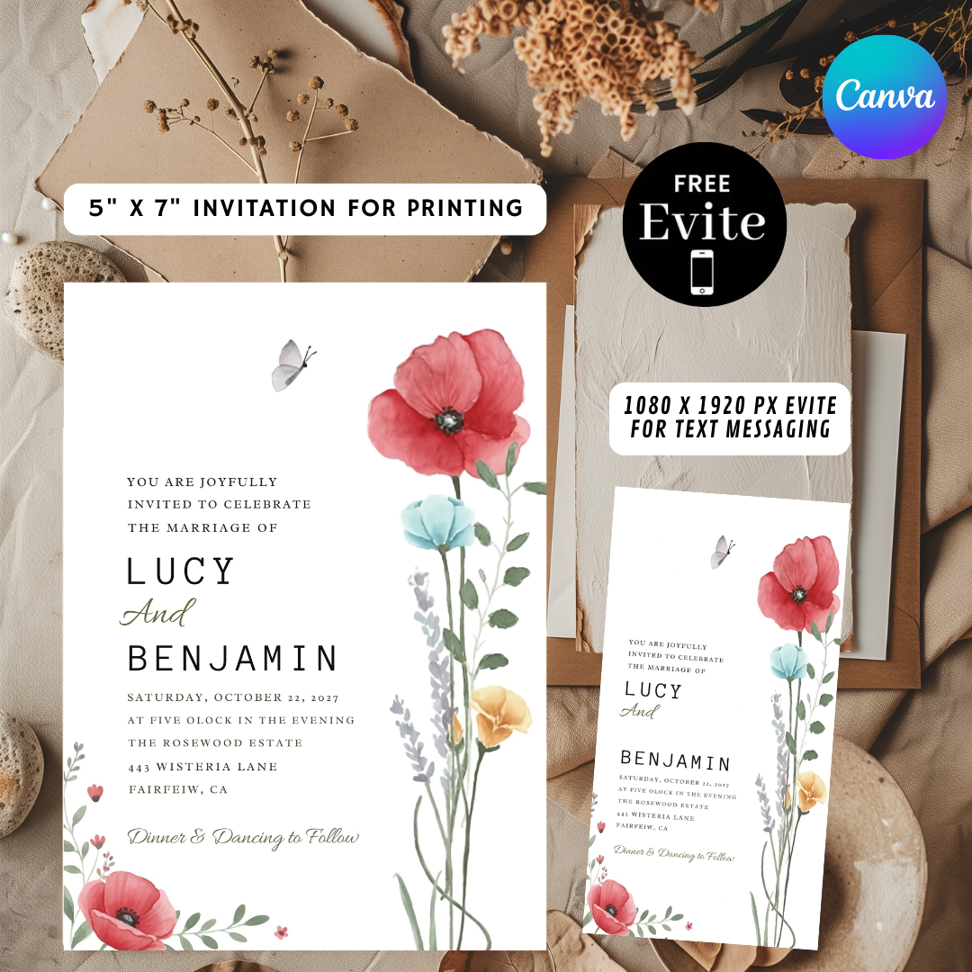 Watercolor Wildflower Wedding Invitation Template | Editable Floral Invite | Rustic Poppy Garden Wedding | Botanical Printable | Instant Download