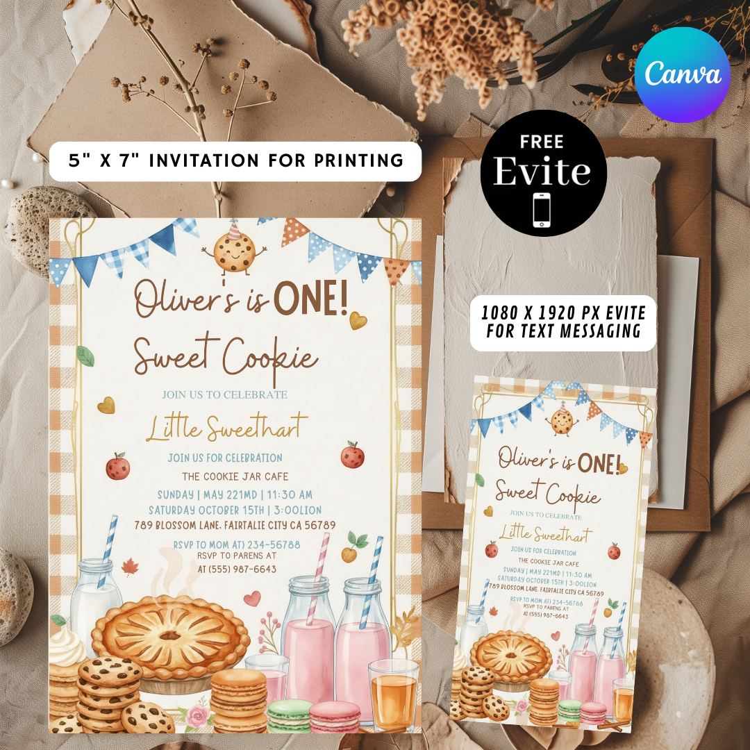 Sweet One Birthday Invite | Cookie Theme Party | Boy's 1st Birthday | Canva / Printable | Instant Download
