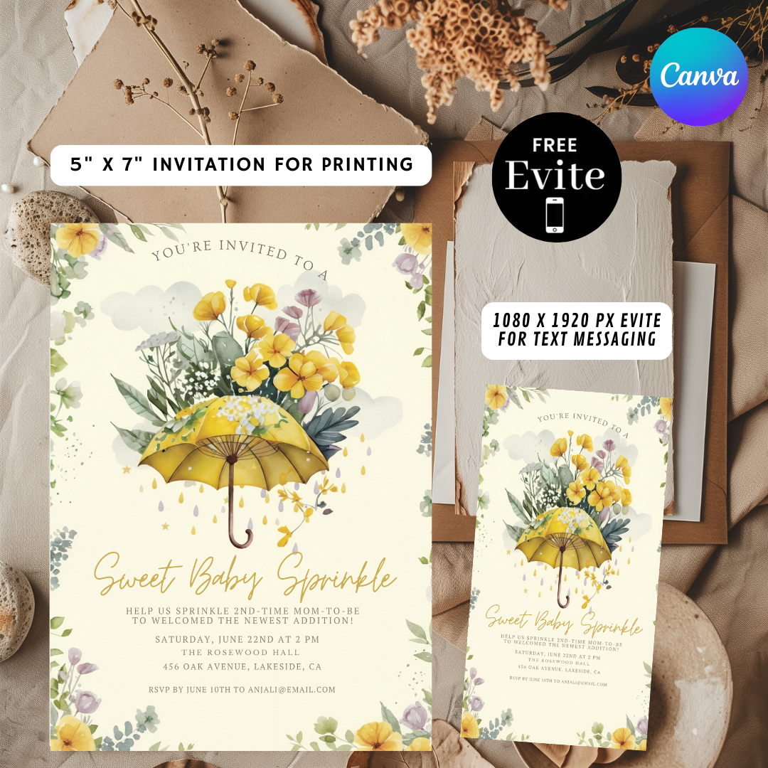 Baby Sprinkle Invitation Template | Yellow Umbrella Floral Invite | Editable Sprinkle for Boy or Girl | Watercolor 2nd Baby Shower | Printable