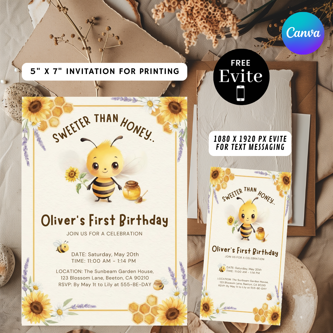 Bee First Birthday Invitation Boy | Sweeter Than Honey 1st Birthday Invite | Editable Sunflower Template | Printable Digital Instant Download