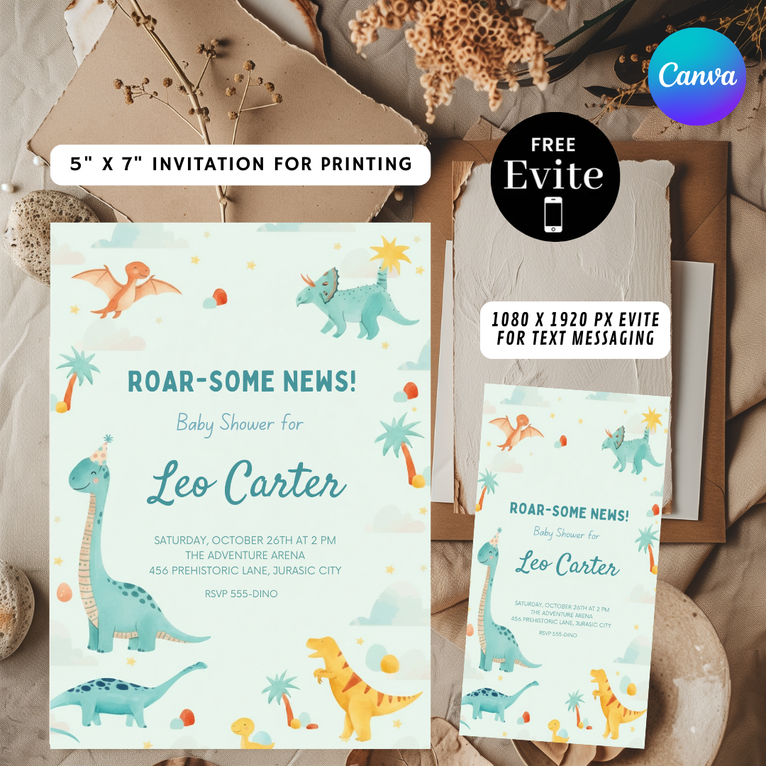 Dinosaur Baby Shower Invitation for Boy | Editable Roar Some News Invite | Watercolor Dino Template | Printable & Digital | Instant Download
