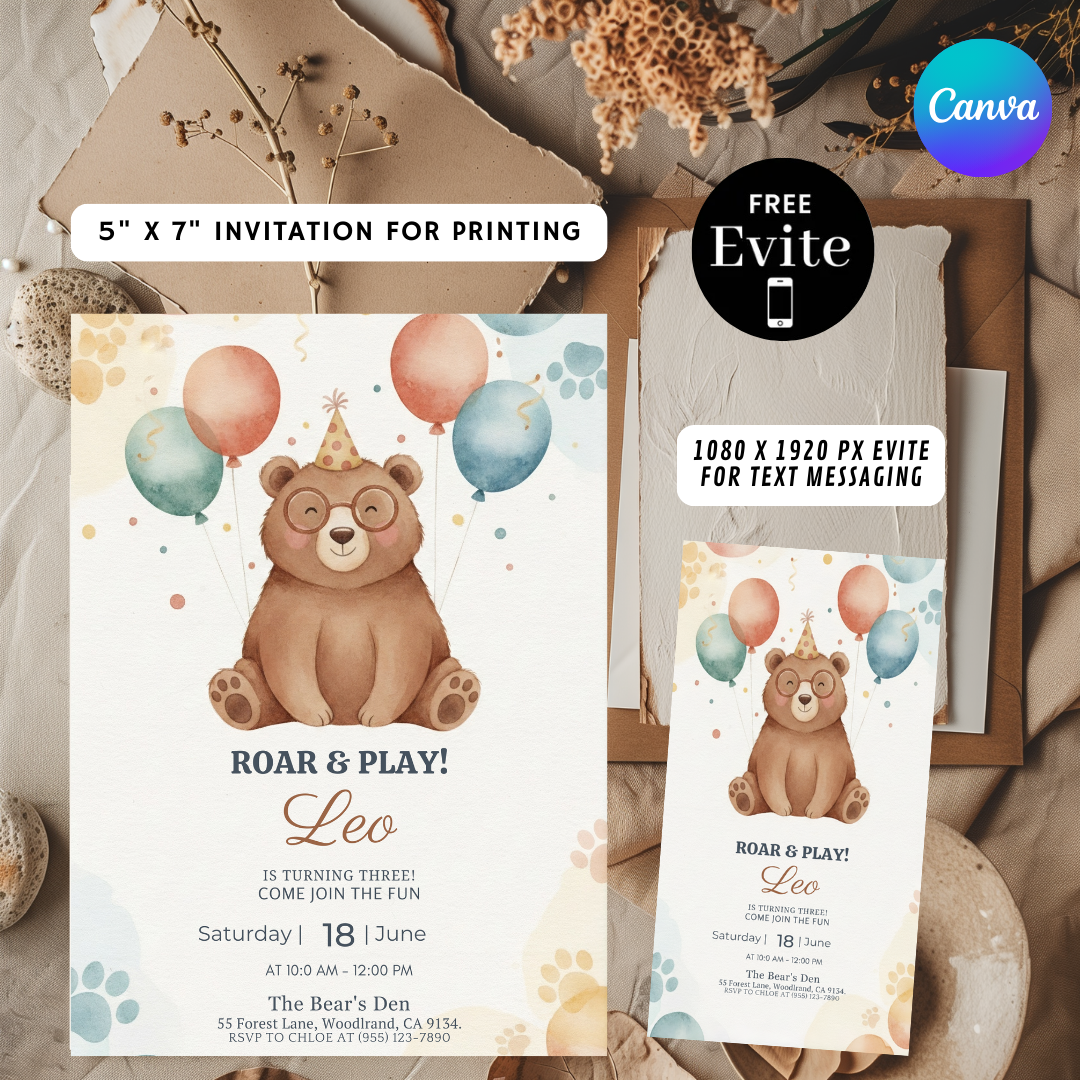 Bear 3rd Birthday Invitation Boy or Girl | Editable Woodland Animal Party Invite | Roar & Play Template | Printable Digital Instant Download