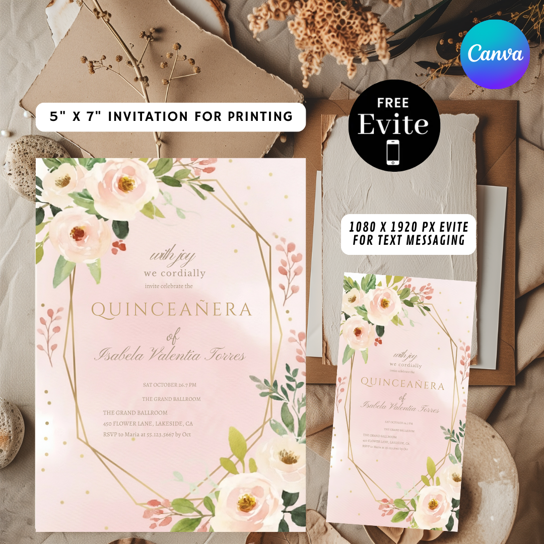 Editable Quinceañera Invitation Template | Blush Pink Floral Invite For Her | Gold Geometric Mis Quince Años | Printable 15th Birthday | Digital