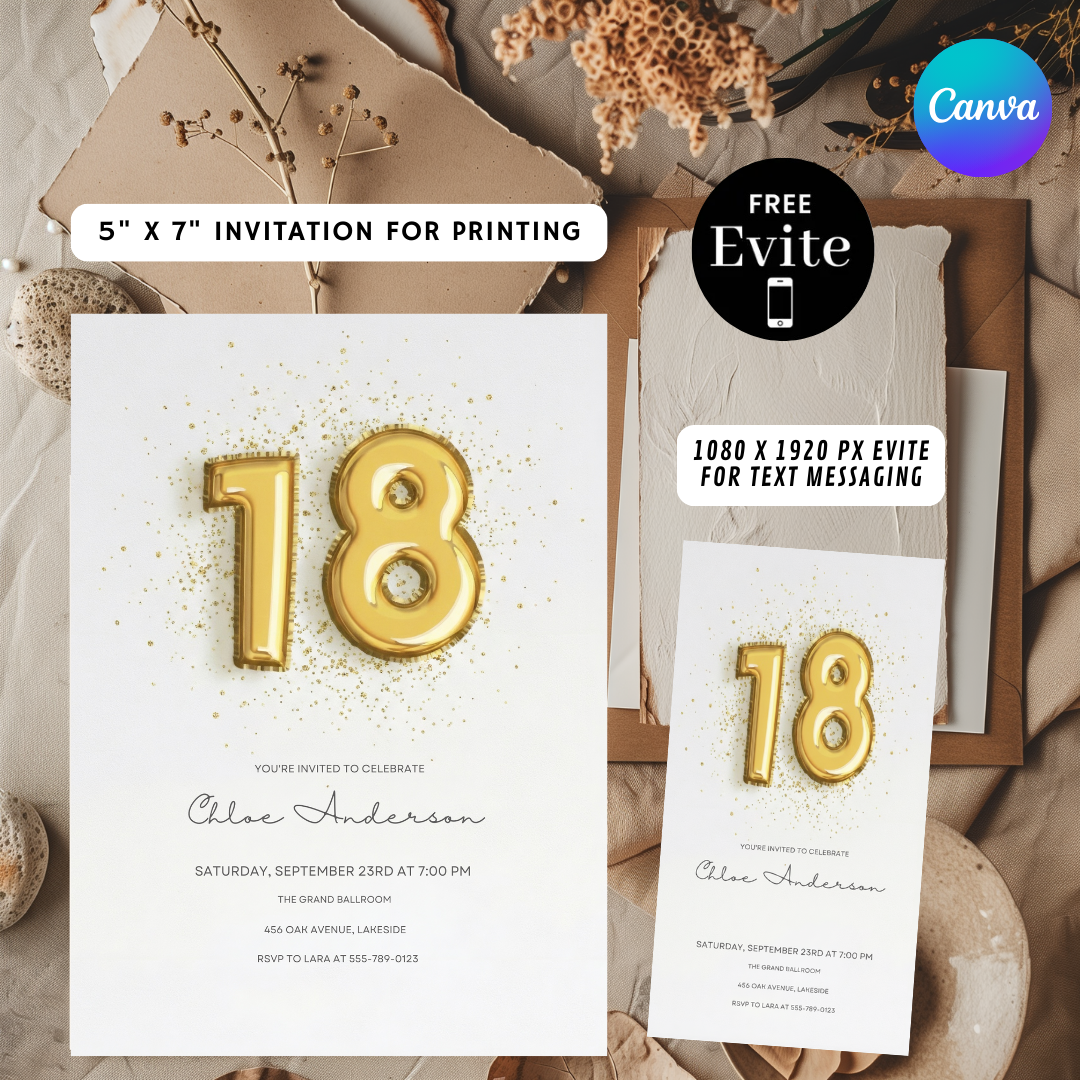 18th Birthday Invitation Template | Gold Balloon Invite for Her | Editable Elegant Party Evite | Modern Glam Birthday | Instant Digital Download