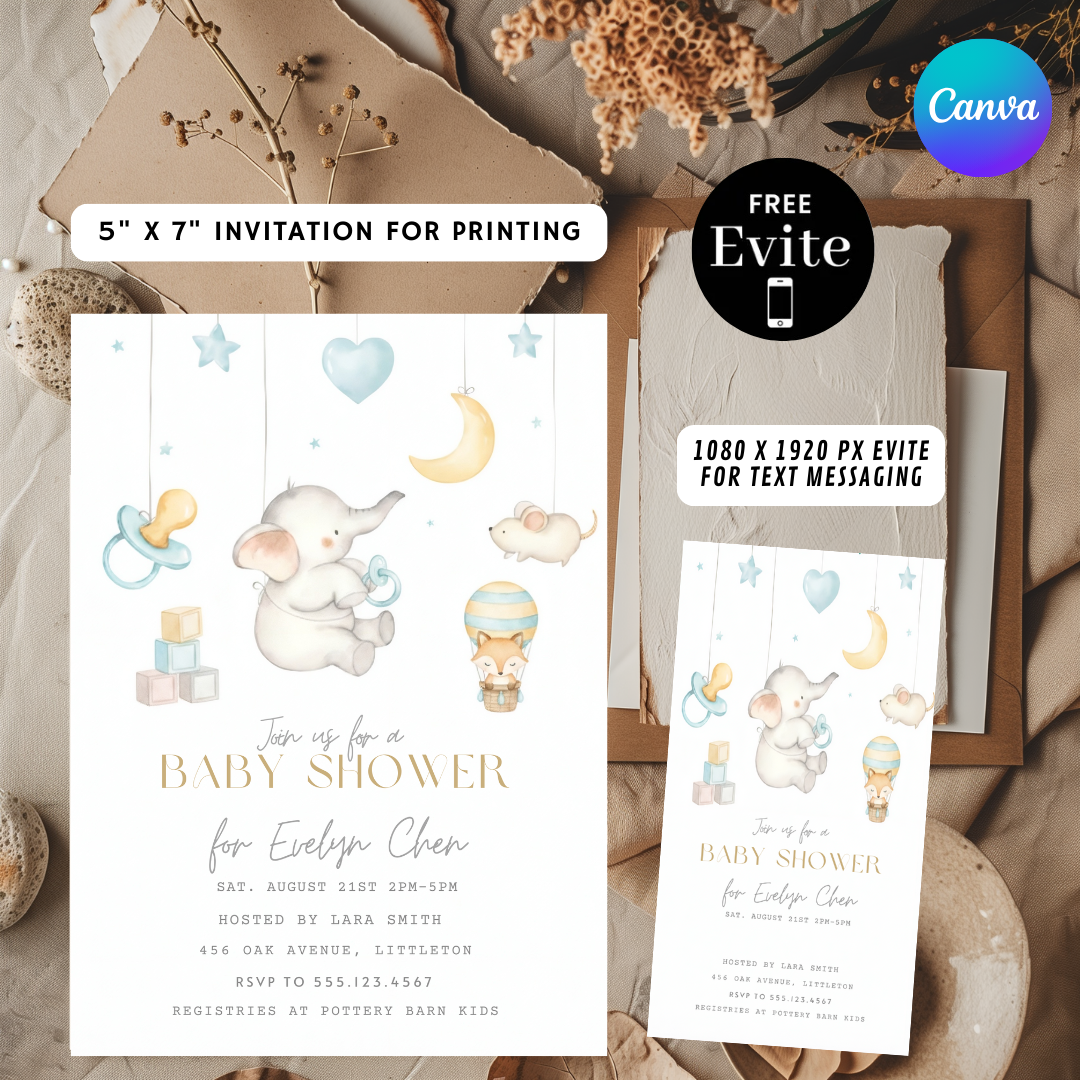 Elephant Baby Shower Invitation Boy or Girl | Editable Star & Moon Invite | Watercolor Animal Template | Printable Digital | Instant Download